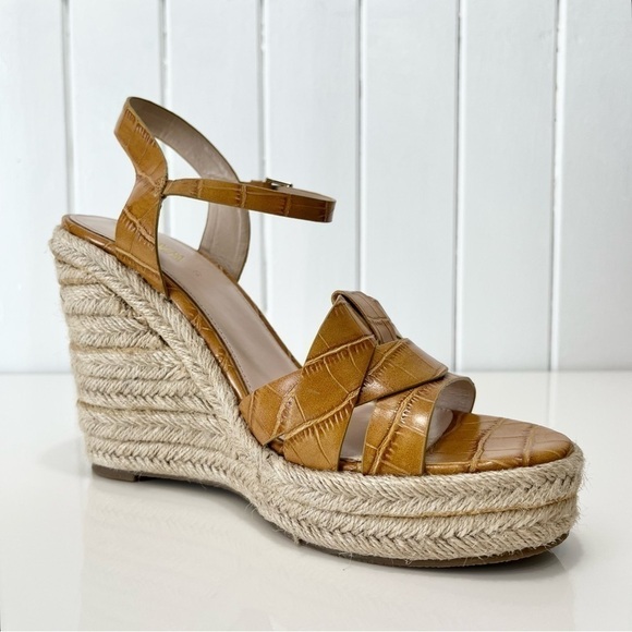 Zara Mustard Animal Print Embossed Espadrille Wedge Sandals Size 8 - Picture 2 of 13